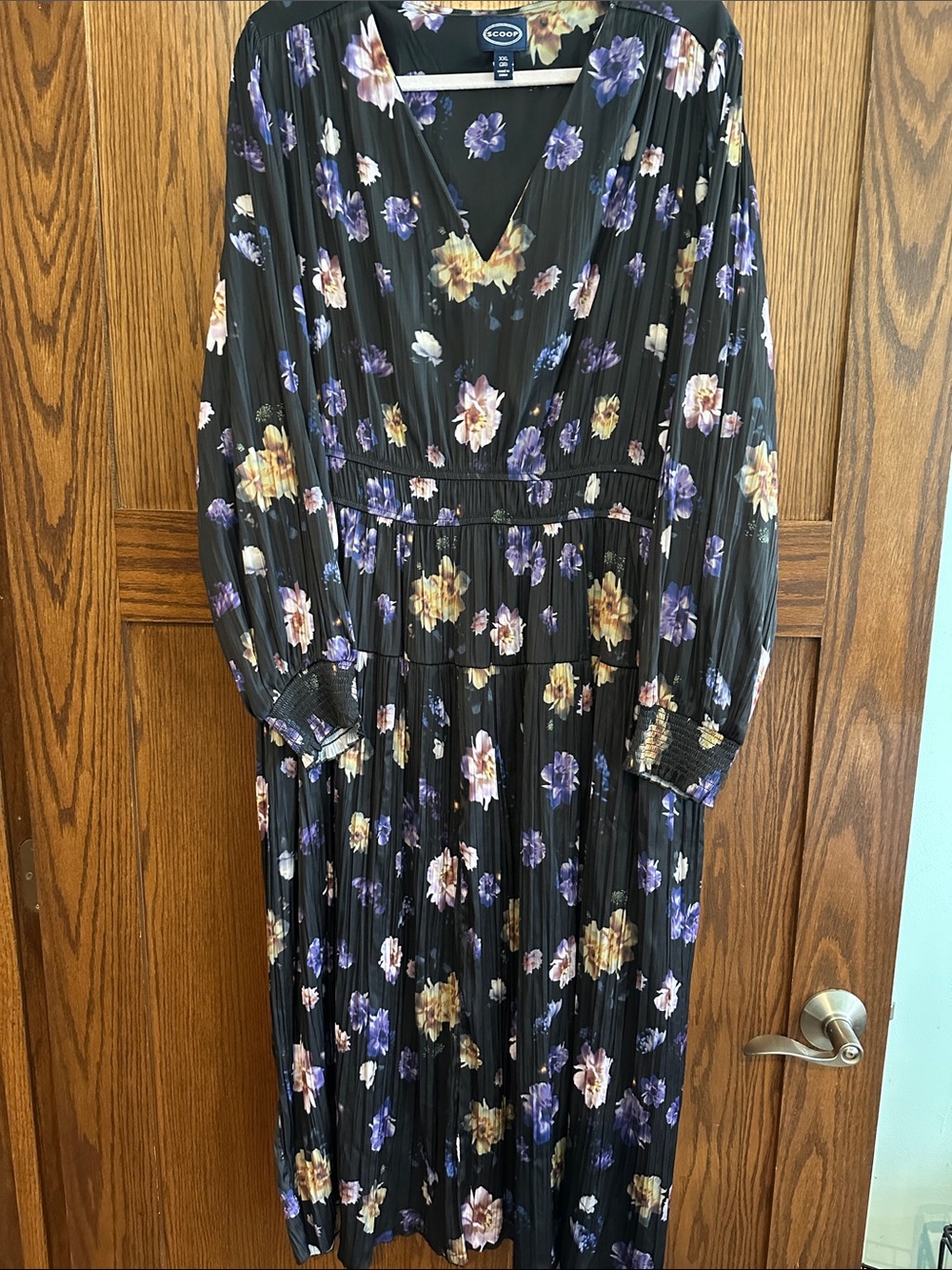 Scoop Black Floral Pleated Maxi Dress with V-Neck